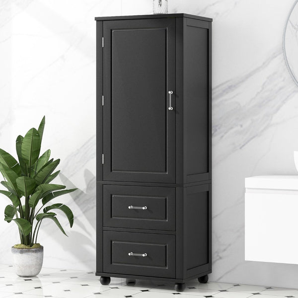 English Elm Tall Bathroom Storage Cabinet - Stylish Freestanding Unit With Two Drawers & Adjustable Shelf, Black N725P241045B-GIGA