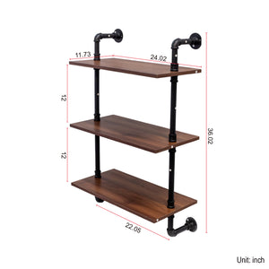English Elm Industrial Pipe Shelf 3-Tier Wall Mounted Rustic Wood Display with 8 Open Shelves & 3 Hooks — Farmhouse Decor, Kitchen, Bedroom Storage (28.35x15.35x11.22) W331P279737