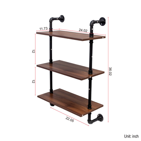 English Elm Industrial Pipe Shelf 3-Tier Wall Mounted Rustic Wood Display with 8 Open Shelves & 3 Hooks — Farmhouse Decor, Kitchen, Bedroom Storage (28.35x15.35x11.22) W331P279737