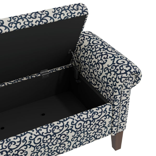English Elm Wallen Traditional Upholstered Storage Ottoman Bench with Nailhead Trim and Vine Pattern Black,White,Wood B127P409580