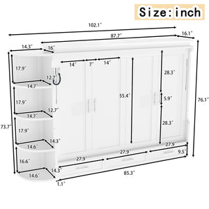 English Elm Queen Murphy Wall Bed with Side Cabinets Open Shelving and Drawers for Studio Rooms White W1580S00452