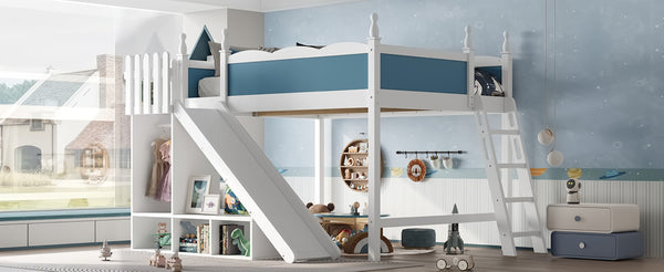English Elm Queen Solid Pine Loft Bed with Wardrobe Shelves Detachable Slide and Dual Sleeping Zones Blue,Off White W5305S00029