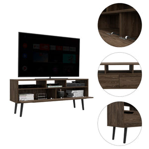English Elm Tv Stand Dark Walnut for TVs up to 60" with 3 Open Shelves & 2 Adjustable Drawers, 56" Top Capacity B097133050