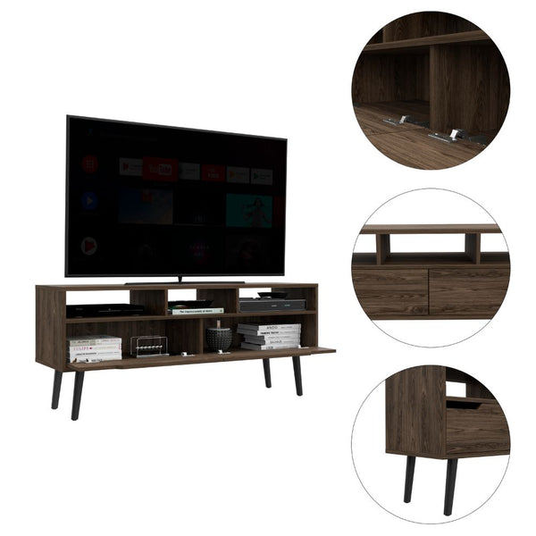 English Elm Tv Stand Dark Walnut for TVs up to 60" with 3 Open Shelves & 2 Adjustable Drawers, 56" Top Capacity B097133050