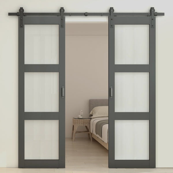English Elm 30 in Matte Black Steel Sliding Barn Door Frosted Glass Privacy Panel with Hardware B2763P483211