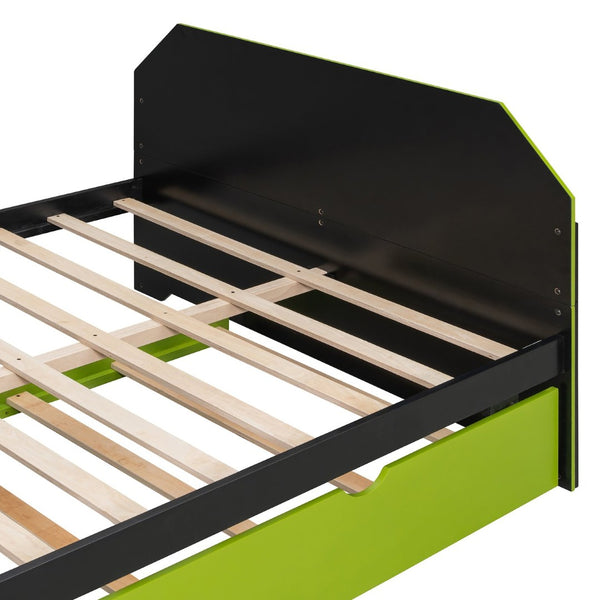 English Elm Full Size Wood Daybed with Twin Trundle Desk and Usb Charging for Teen Rooms Green LT000262AAG