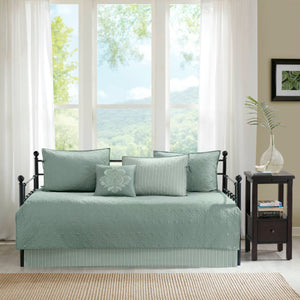 JLA Home Madison Park - 6 Reversible Daybed Cover Set with Antimicrobial Protection, Quilted Texture, Striped Skirt & Pillow Seafoam MP13-3979