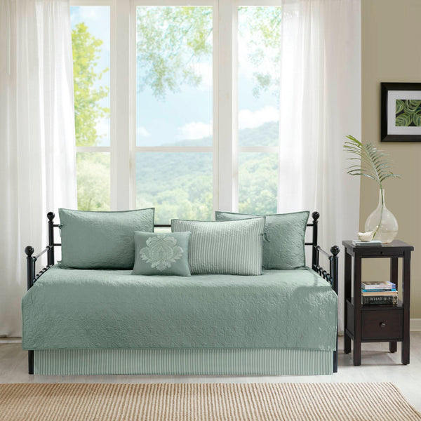 JLA Home Madison Park - 6 Reversible Daybed Cover Set with Antimicrobial Protection, Quilted Texture, Striped Skirt & Pillow Seafoam MP13-3979