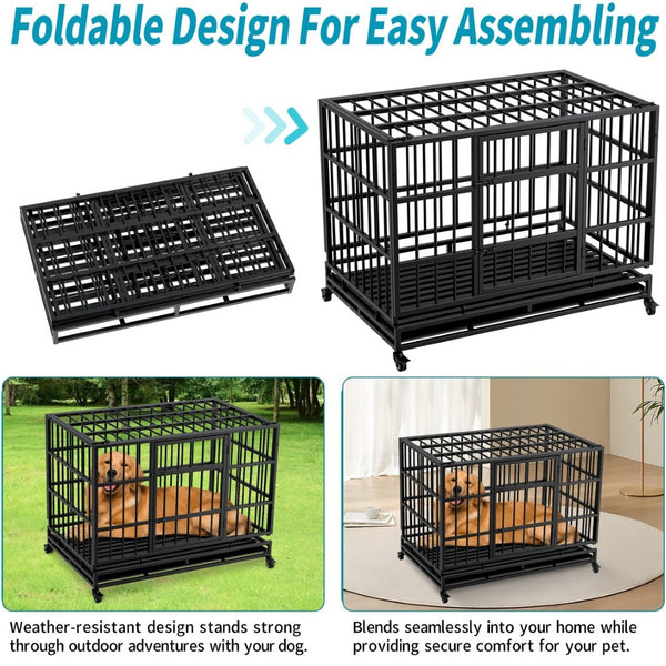 English Elm 48 Inch Steel Dog Crate on Wheels Foldable Heavy Duty Cage with Removable Tray W347P421329