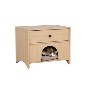 English Elm Mid-Century Minimalist Side Table with Pet Nook, Drawer & Shelf in Natural Wood Finish, 22"W x 18"H B2741P395426