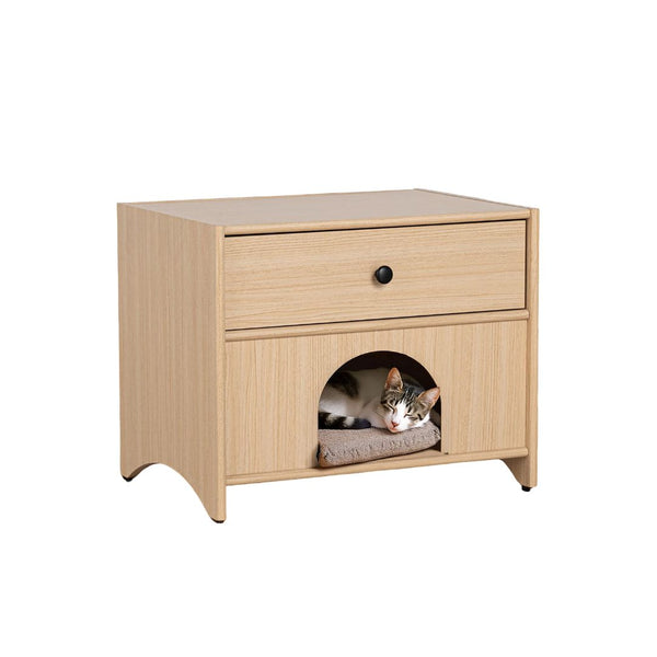 English Elm Mid-Century Minimalist Side Table with Pet Nook, Drawer & Shelf in Natural Wood Finish, 22"W x 18"H B2741P395426