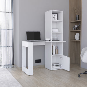 English Elm Iowa White Computer Desk with 4-Tier Bookcase and Cabinet — Compact Engineered Wood Workspace, Storage B070P188863