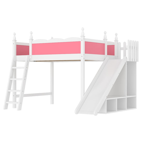 English Elm Twin Loft Bed Solid Pine Frame with Wardrobe Shelving Detachable Slide Kids Room W5305S00021