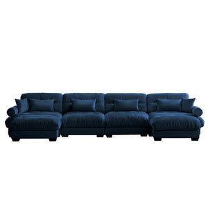 English Elm U Cloud Sectional Sofa with Movable Ottomans, Deep Velvet 4‑Seat Convertible Corner Couch, Plush Support and Bolster Arms Blue W714S01121
