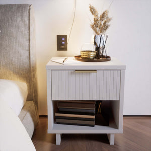 English Elm Granville Solid Wood 18" Nightstand with Ribbed Front Drawer and Gold Steel Handles, Modern Flair White B365P398138