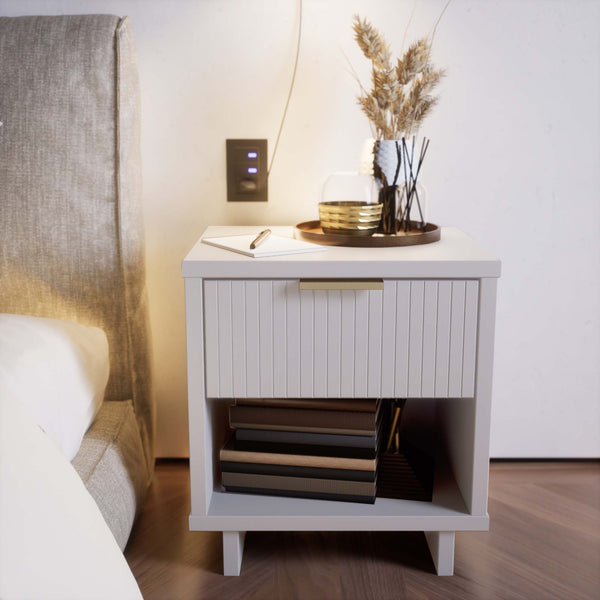 English Elm Granville Solid Wood 18" Nightstand with Ribbed Front Drawer and Gold Steel Handles, Modern Flair White B365P398138