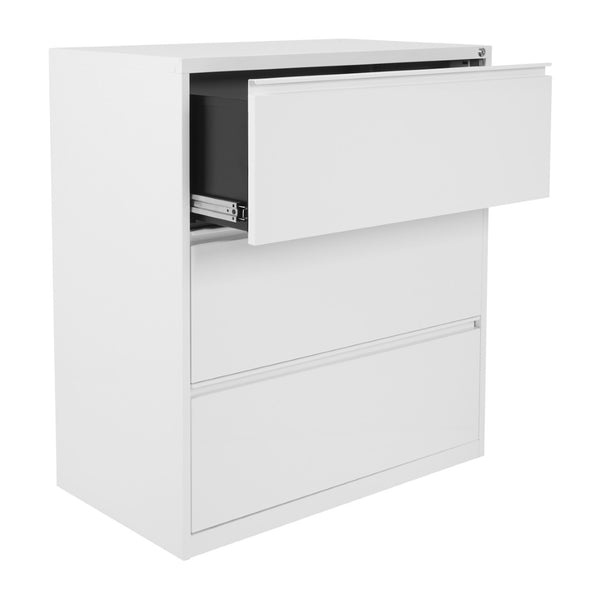 OSP Home Furnishings 36" Steel Lateral File Cabinet with Ball Bearing Drawers Locking Security and Leveling Glides 3 Glides White LF336-WH