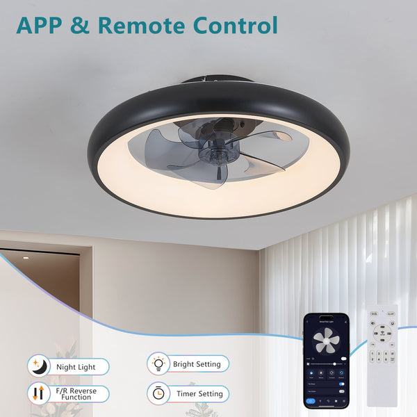 English Elm 20" Black LED Ceiling Fan Light with App & Remote, Dimmable 3000-6000K, Silent DC Motor, Reversible W1340P246417
