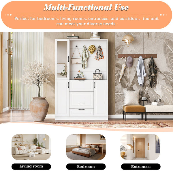 English Elm VIBE Entryway Hall Tree with Mirror, Foldable Bench & 6 Adjustable Shelves, 2 Drawers, Hooks SJ000142AAK