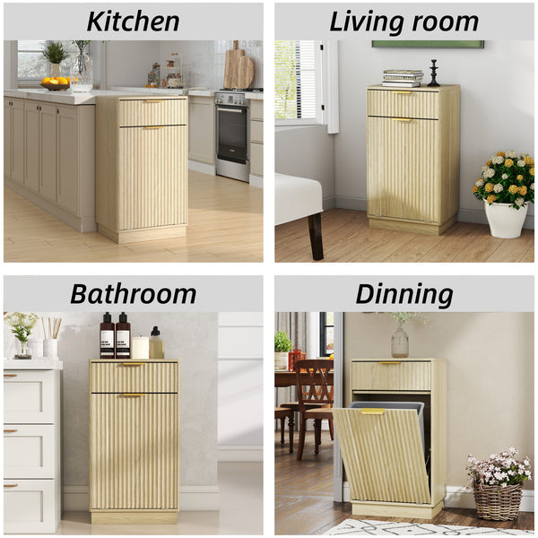 English Elm 10-Gallon Woodgrain Tilt-Out Trash Cabinet with Wave-Texture Drawer, Industrial Metal Accents, Space-Saving Organizer for Kitchen Bath Living Room Oak W2557P319050