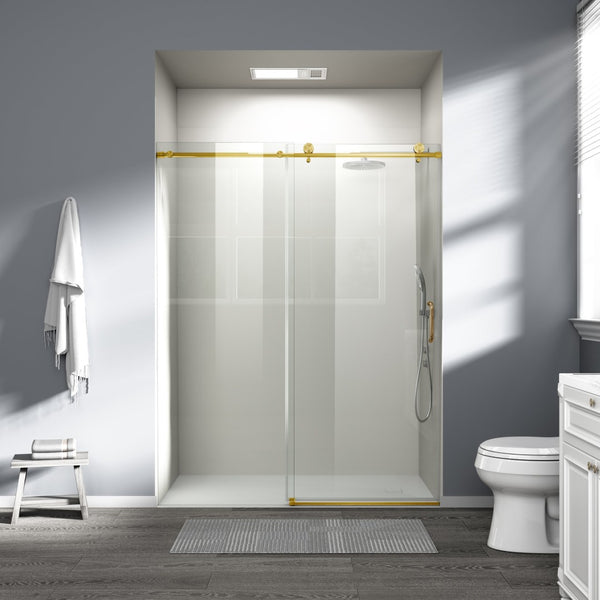 English Elm 56" Frameless Sliding Shower Door Brushed Gold Tempered Glass Walk-in Enclosure W1573P399019