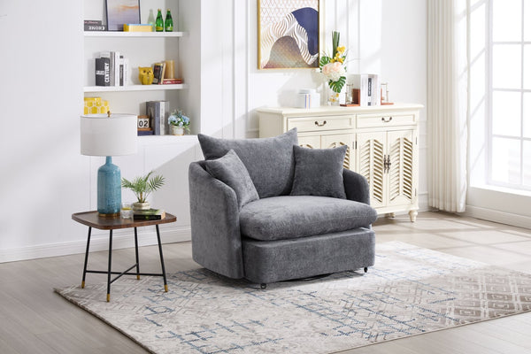 English Elm 360° 360 Swivel Oversized Chenille Armchair with Pocket Spring Seat and Three Throw Pillows Grey W1361S00053