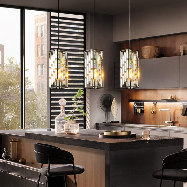 English Elm 4" Modern Crystal Pendant Light 3-Pack — Adjustable Hanging Ceiling Lamp with Prism Accents for Dining Room Ambiance Black W1340P208474