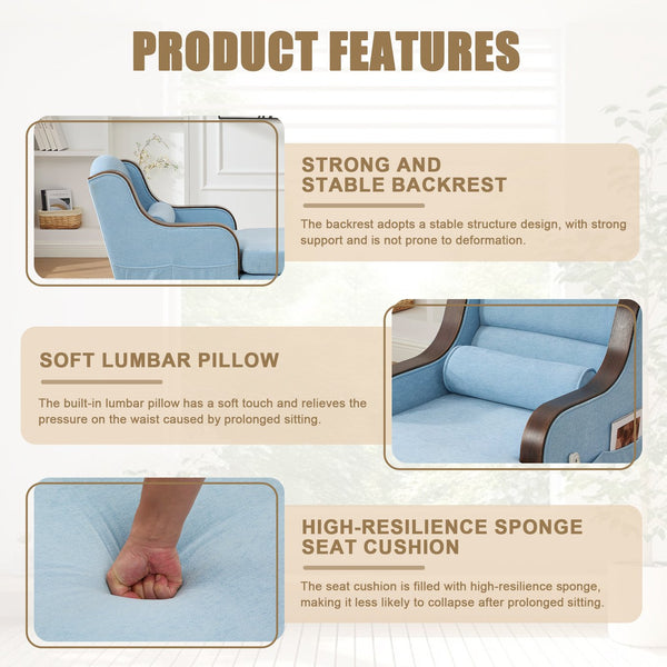English Elm UNITED Oversized Chaise Lounge Sofa Bed with Solid Wood Arms, High-Resilience Foam, 800lb Capacity and Storage Pockets Light Blue W1568S00209