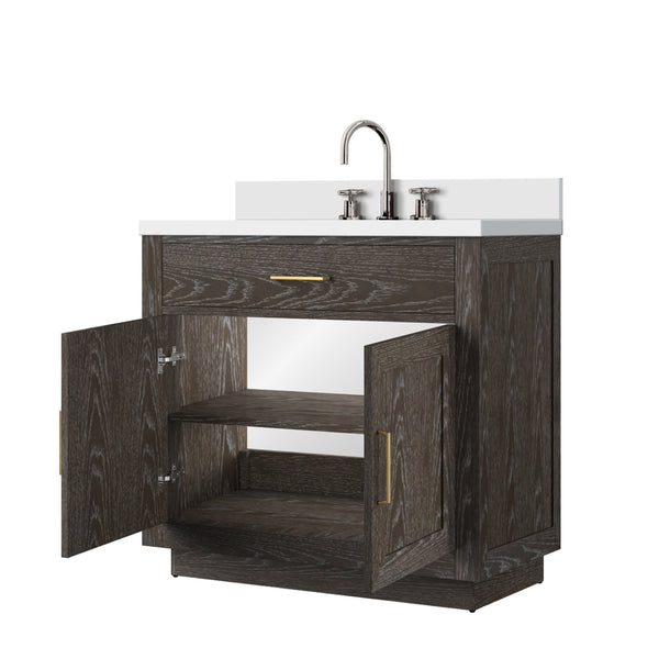 English Elm Brown Oak Single Bath Vanity With Cultured Marble Top & Complete Faucet Set For Elegant Storage B2731P257675