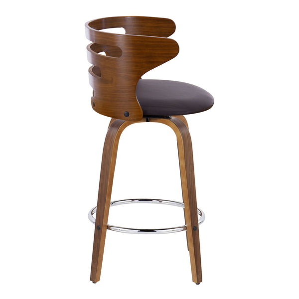 English Elm Cosini Mid-Century Modern 26" Fixed-Height Swivel Barstool Set of 2 — Walnut Wood, Padded Fabric Seat, Chrome Footrest Brown B202S00205