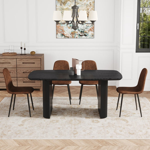English Elm Table And Chair Set - 67" Black Wood Grain Mdf Dining Table With 4 Brown Techno-Fabric Chairs W1151S04151-GIGA