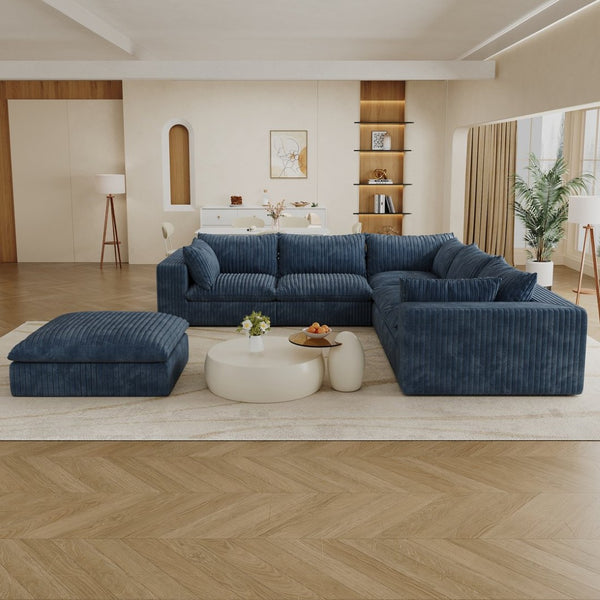 English Elm 118.2" Modular Cloud Sofa Corduroy Upholstered Deep Seat Lounge for Living Room Blue W2824S00156