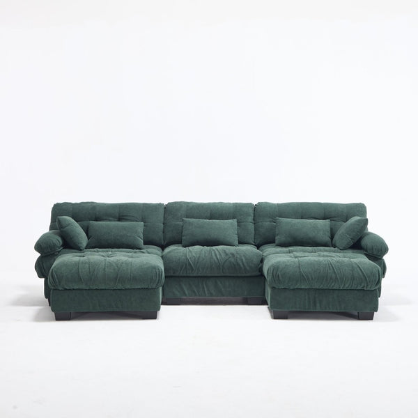 English Elm U Shaped Modular Cloud Sectional Deep Seat Flannelette Sofa with Rounded Bolster Armrests Green W2120S00039