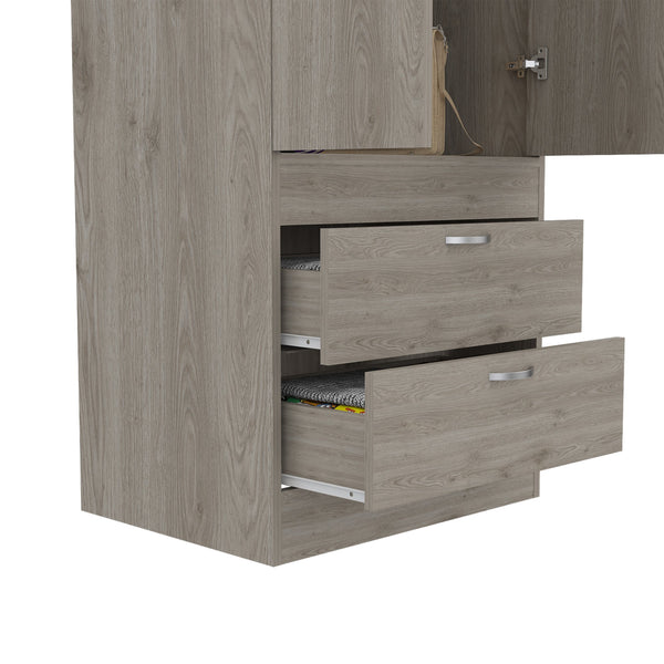 English Elm Lisboa armoire with rod and two roomy drawers, double-door storage cabinet with sleek metal pulls and modern flair Light Gray 74 L x 23 W x 4 H B200P242410