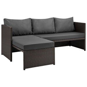 English Elm Menton 3-Piece Sectional Set with Chaise and Waterproof Removable Cushions, Steel Rattan Frame Brown+Gray B365P397654