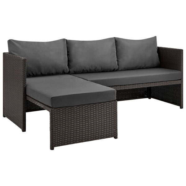 English Elm Menton 3-Piece Sectional Set with Chaise and Waterproof Removable Cushions, Steel Rattan Frame Brown+Gray B365P397654