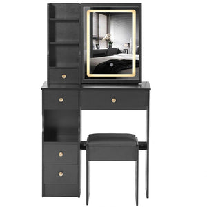 English Elm 29.2" Compact Left Drawer Vanity Table With Cushioned Stool, Touch Control Led Mirror & Storage Solution W936P202449