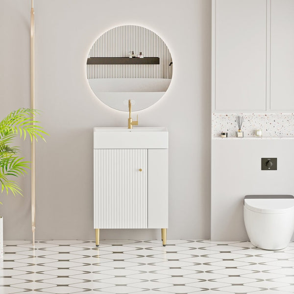 English Elm 21.6" Compact Bathroom Vanity Ceramic Sink Soft Close Cabinet Open Shelf White W1920S00188