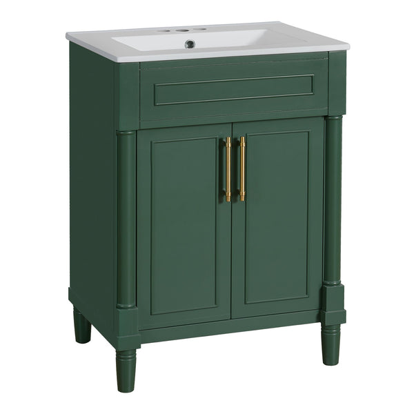 English Elm 24" Bathroom Vanity with Integrated Ceramic Sink and Adjustable Shelf, Vintage Hardware, Space-Saving Design Green N710P277711F