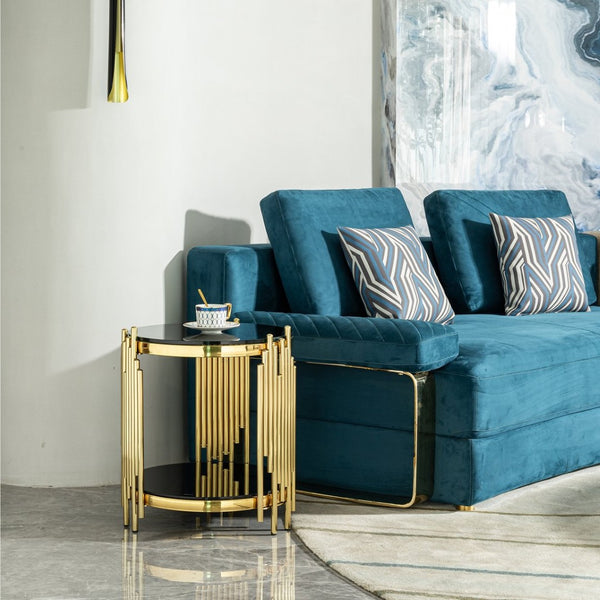 English Elm Luxury Two Tier Round Side Table Black Tempered Glass Gold Steel Wave Frame Glam W2723P252342