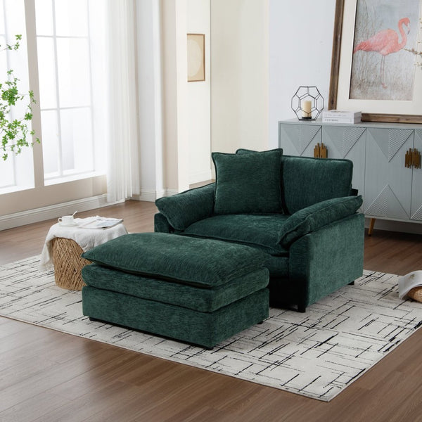 English Elm 44.5" Oversized Club Chair with Ottoman Chenille Upholstered Solid Wood Reading Seat Green W3244S00007