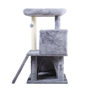 English Elm Double-layer Cat Tree with Sisal Ladder Flannel Houses and Pompom Toy for Small Spaces W2181P357568