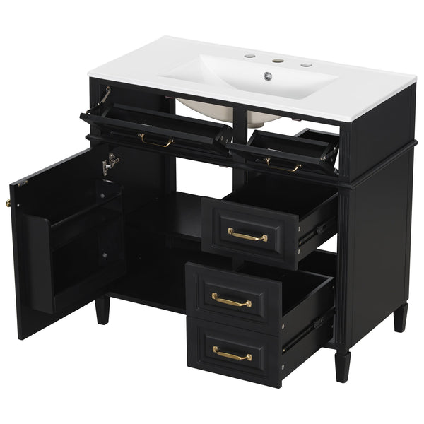 English Elm 36-Inch Bathroom Vanity With Ceramic Sink Top, Adjustable Shelf, And Modern Flip Drawer Design For Storage N725P350849B
