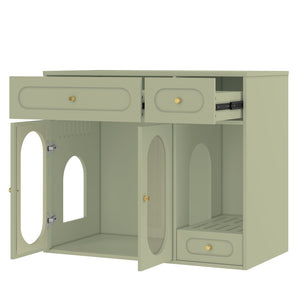 English Elm Cat Litter Box Cabinet with Led Lighting Acrylic Doors and Drawer Storage End Table Green N704P402444F