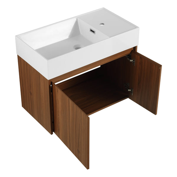 English Elm 30 Resin Sink Vanity with Soft-Close Doors, Floating Mount Design, Durable Scratch & Water-Resistant Finish Walnut W999P228750
