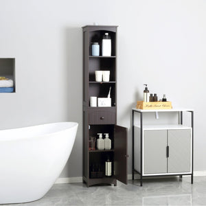 English Elm HOMCOM Tall Bathroom Linen Cabinet – Narrow Free-Standing MDF Tower with 3 Shelves, Drawer, Brown W2225P229566