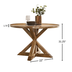 English Elm Windvale Round Farmhouse Dining Set Seats Four with Chenille Chairs Cottage Oak Finish T2574S00011