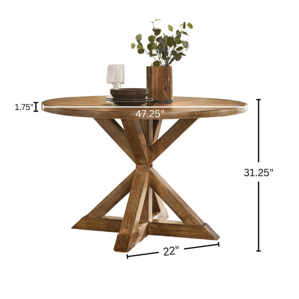 English Elm Windvale Round Farmhouse Dining Set Seats Four with Chenille Chairs Cottage Oak Finish T2574S00011