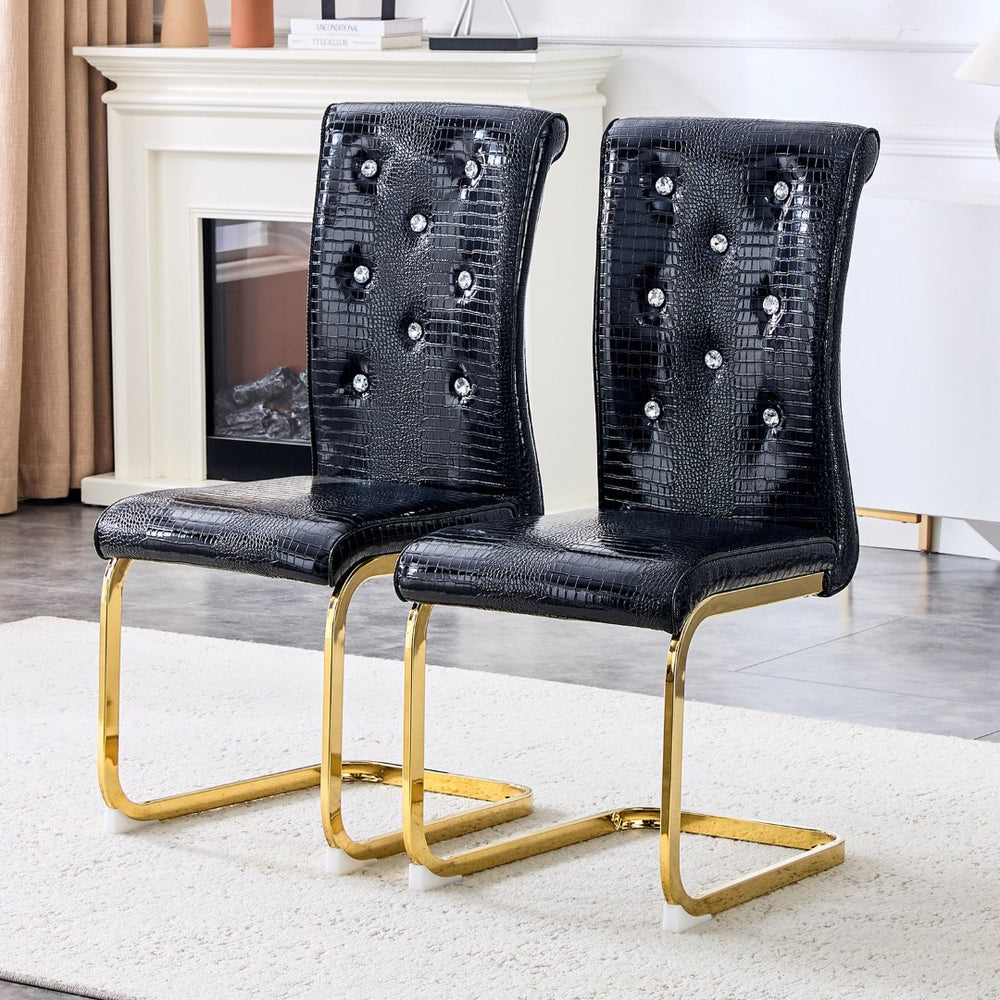 English Elm Set of 2 Glam Faux Alligator Pvc Dining Chairs with Crystal Buckle Bow Legs Black W3875P371059
