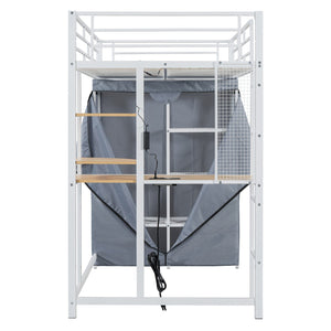 English Elm Twin Loft Bed with Built-In Desk, LED Light Strip, Power Outlet & Fabric Wardrobe for Small Rooms White SF000178AAK